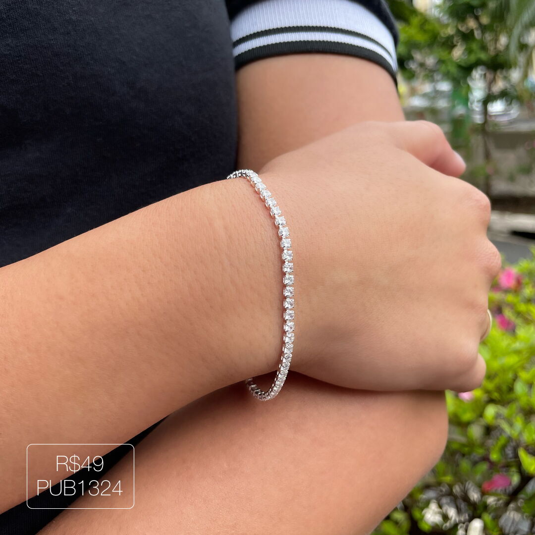 Pulseira Riviera 2mm Cristal Prateada